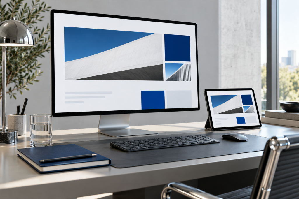 Illustrative responsive website design workspace with desktop and tablet